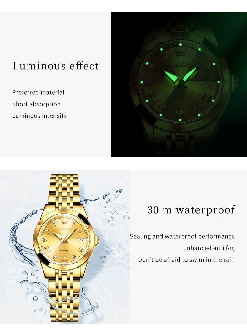 OLEVS Fashion Golden Watch for Women Stainless Steel Waterproof Women's Watches Elegant Original Luxury Ladies Quartz Wristwatch