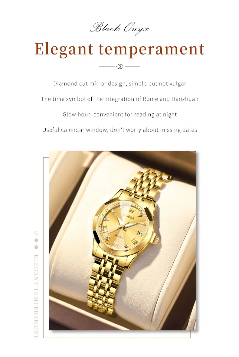 OLEVS Fashion Golden Watch for Women Stainless Steel Waterproof Women's Watches Elegant Original Luxury Ladies Quartz Wristwatch