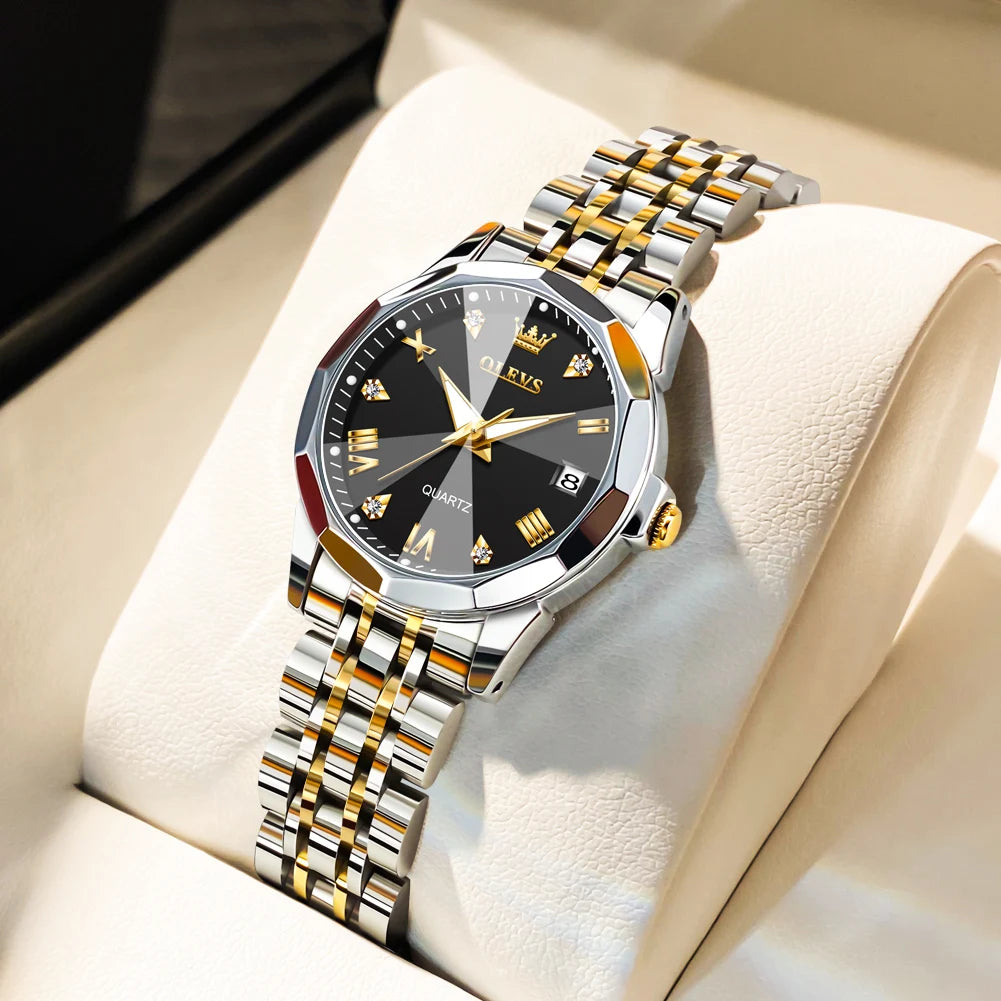 OLEVS Fashion Golden Watch for Women Stainless Steel Waterproof Women's Watches Elegant Original Luxury Ladies Quartz Wristwatch