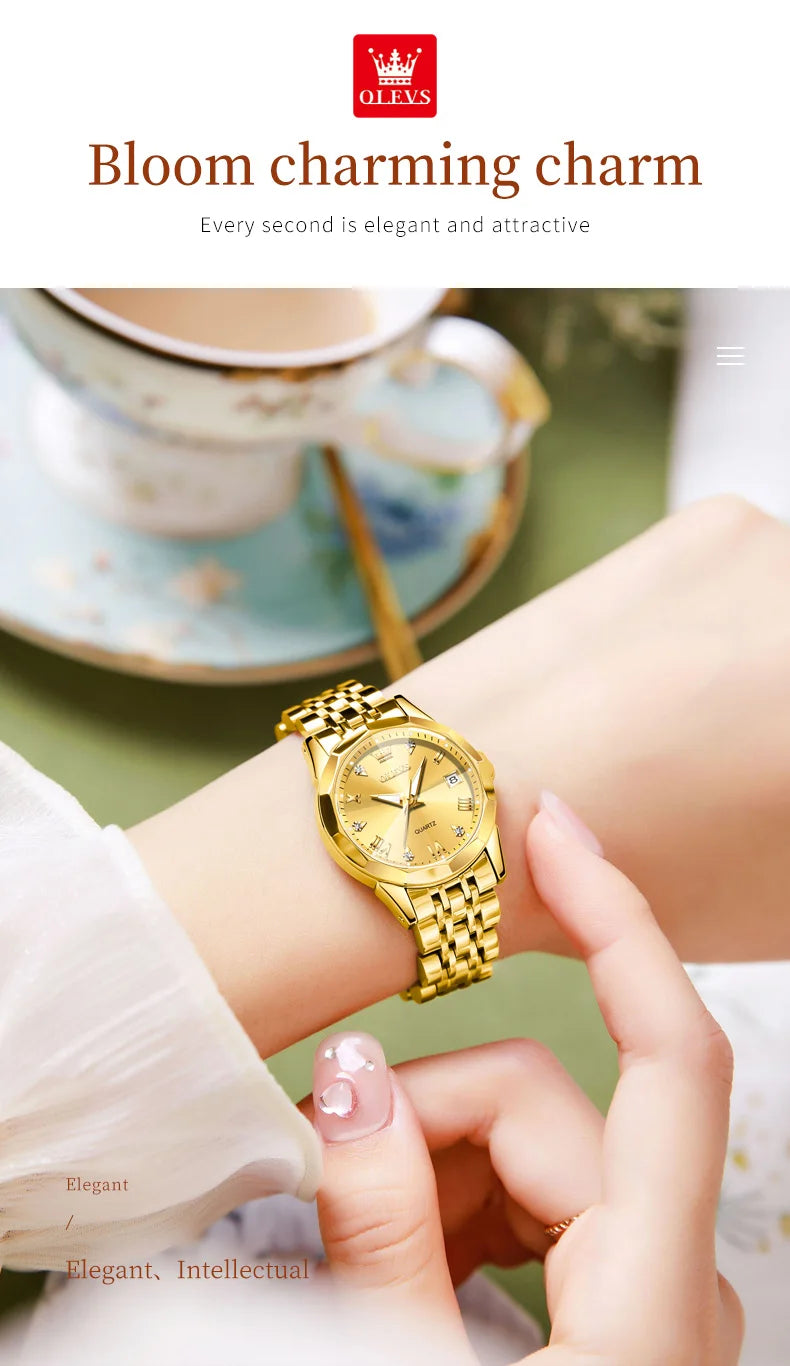 OLEVS Fashion Golden Watch for Women Stainless Steel Waterproof Women's Watches Elegant Original Luxury Ladies Quartz Wristwatch